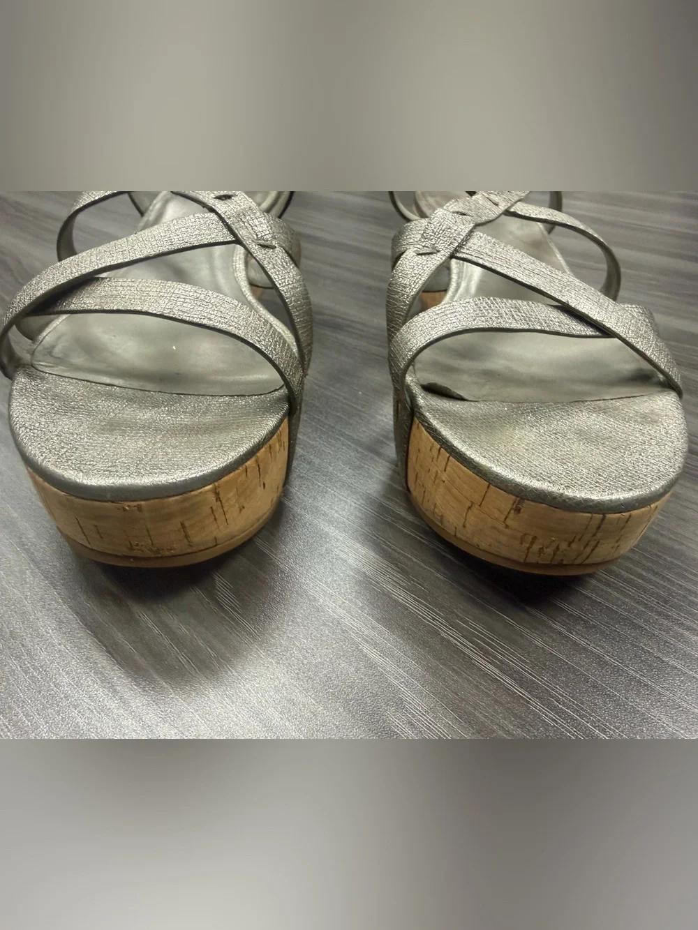 Eileen Fisher Array Cork Platform Women’s Sandals Size 9 Metallic Silver